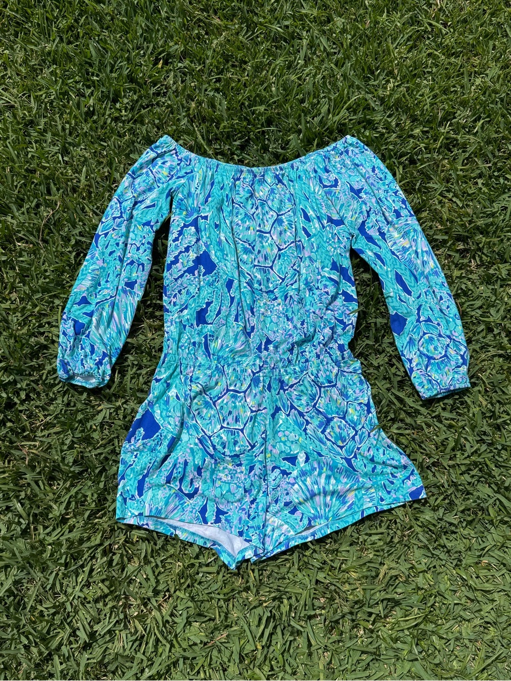 Lilly Pulitzer Blue & Teal Marble-Print Off-Shoulder Romper